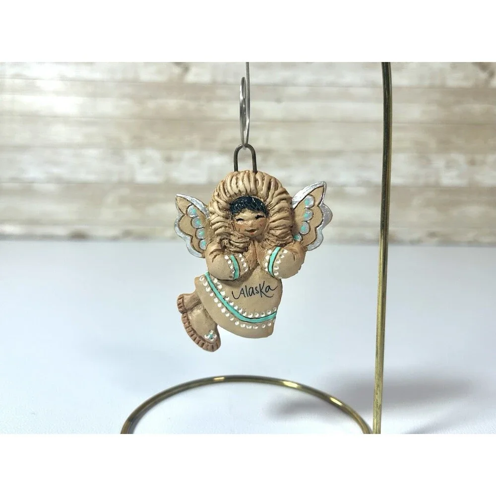 Vintage Eski Angels Alaska Eskimo Christmas Ornament Handcrafted Teal Blue Trim